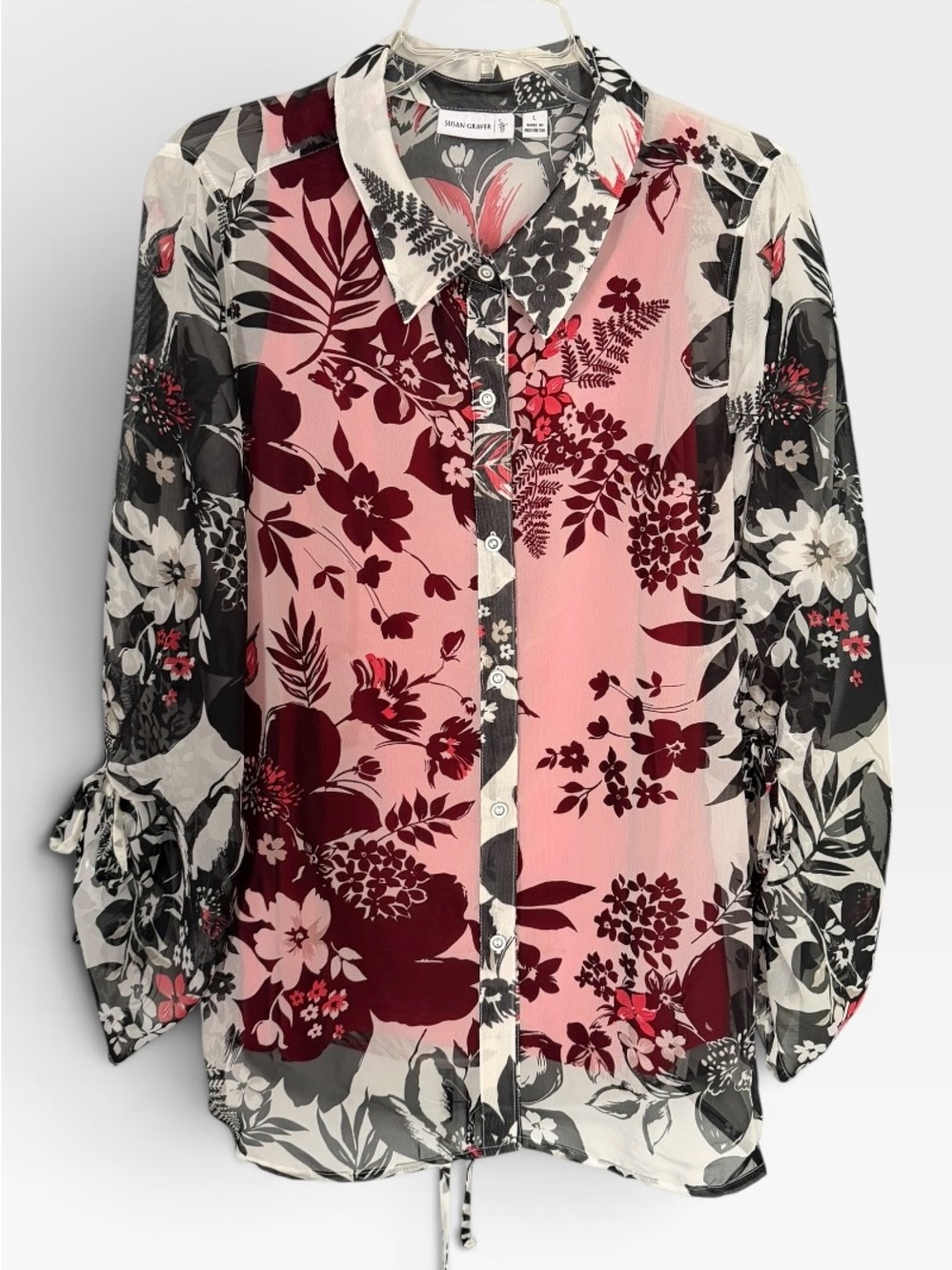Susan Graver Sheer Floral Printer Blouse W/Reddish Tank Underneath Size L NWOT